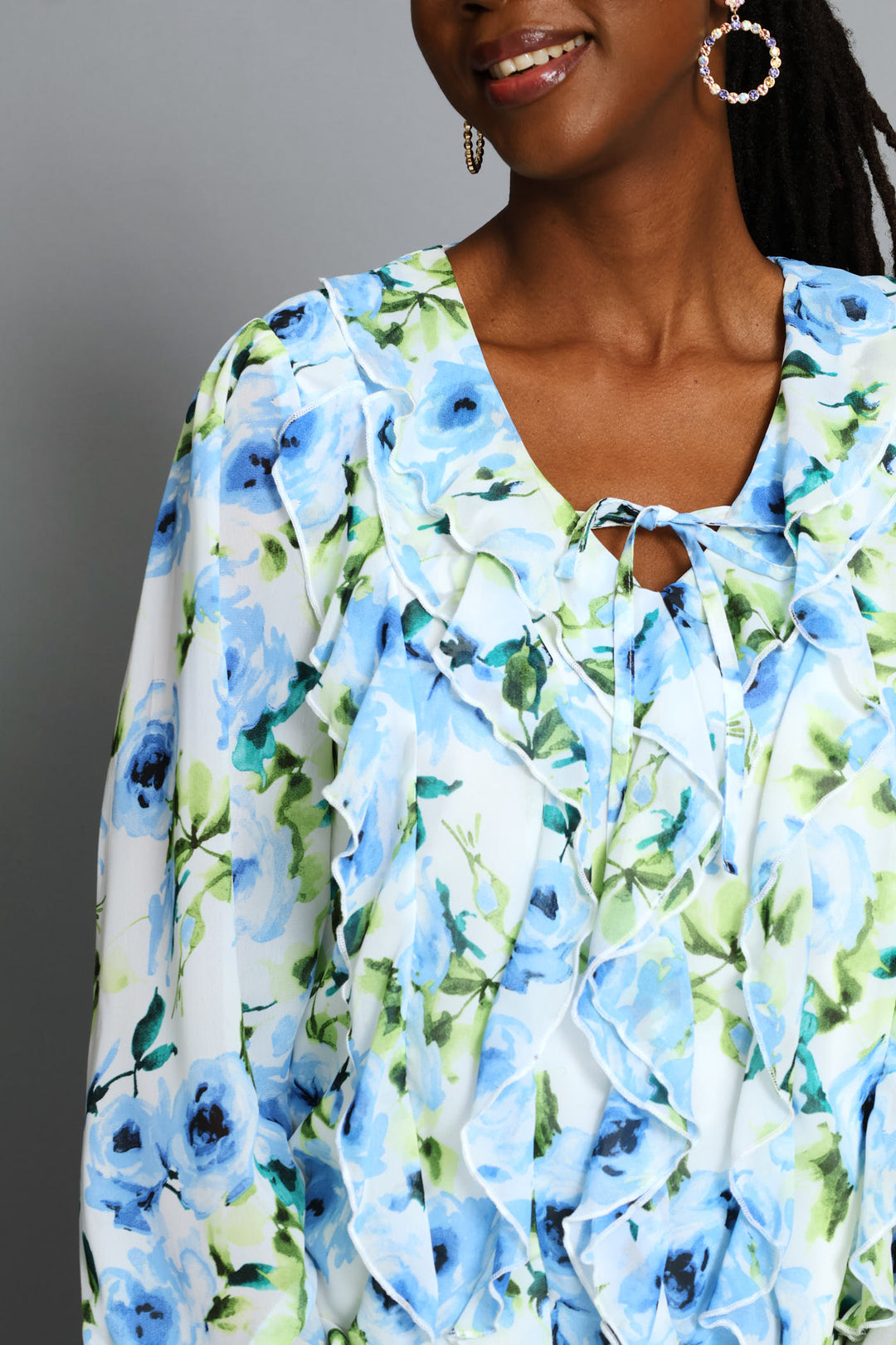 Tie Front Ruffle Chiffon Blouse - Multi