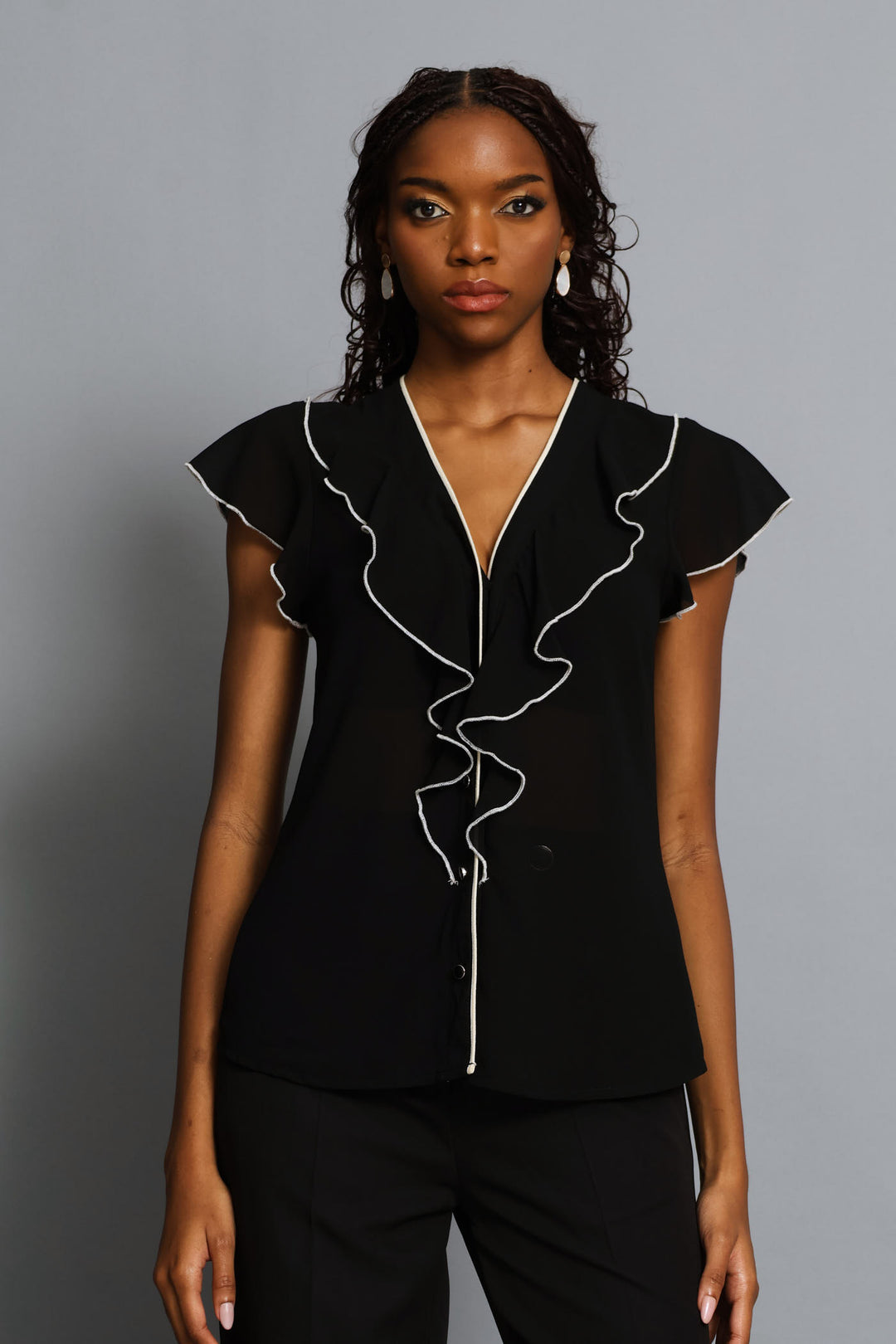 Ruffle Chiffon Blouse - Black/Cream