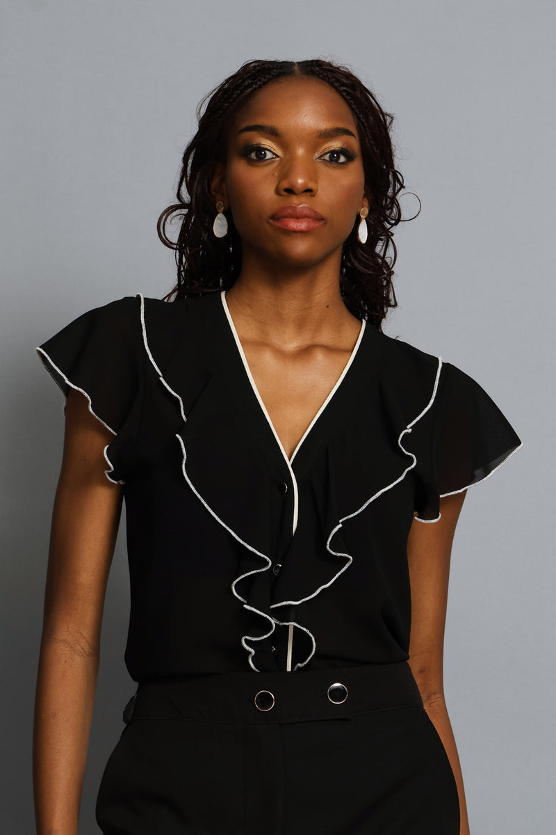 Ruffle Chiffon Blouse - Black/Cream