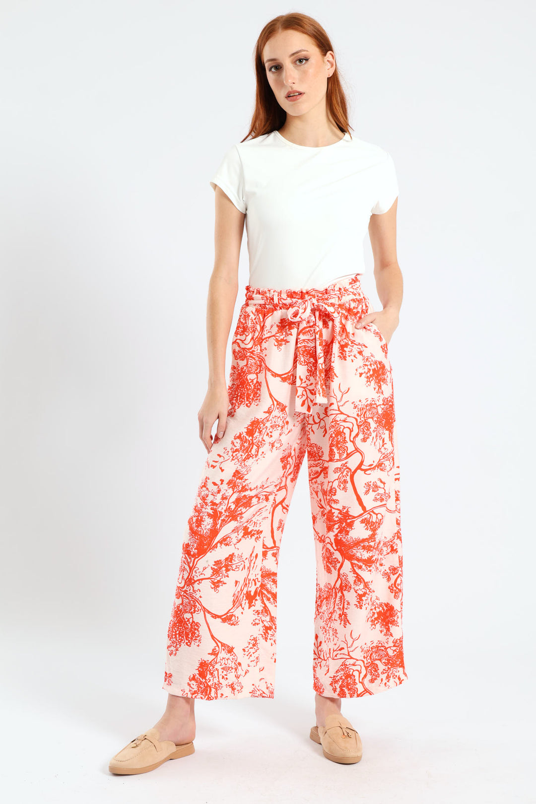 Self Belt Pull On Linen Culotte Pants - White/Orange