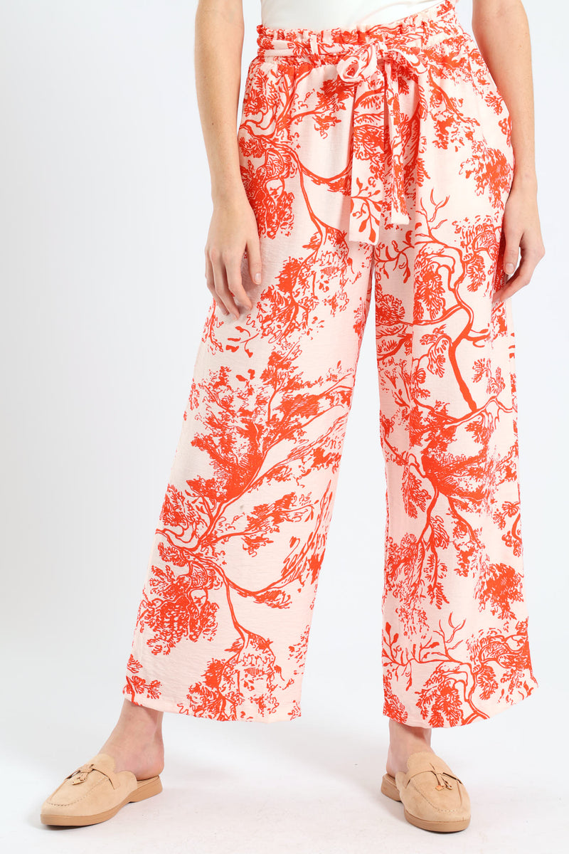 Self Belt Pull On Linen Culotte Pants - White/Orange