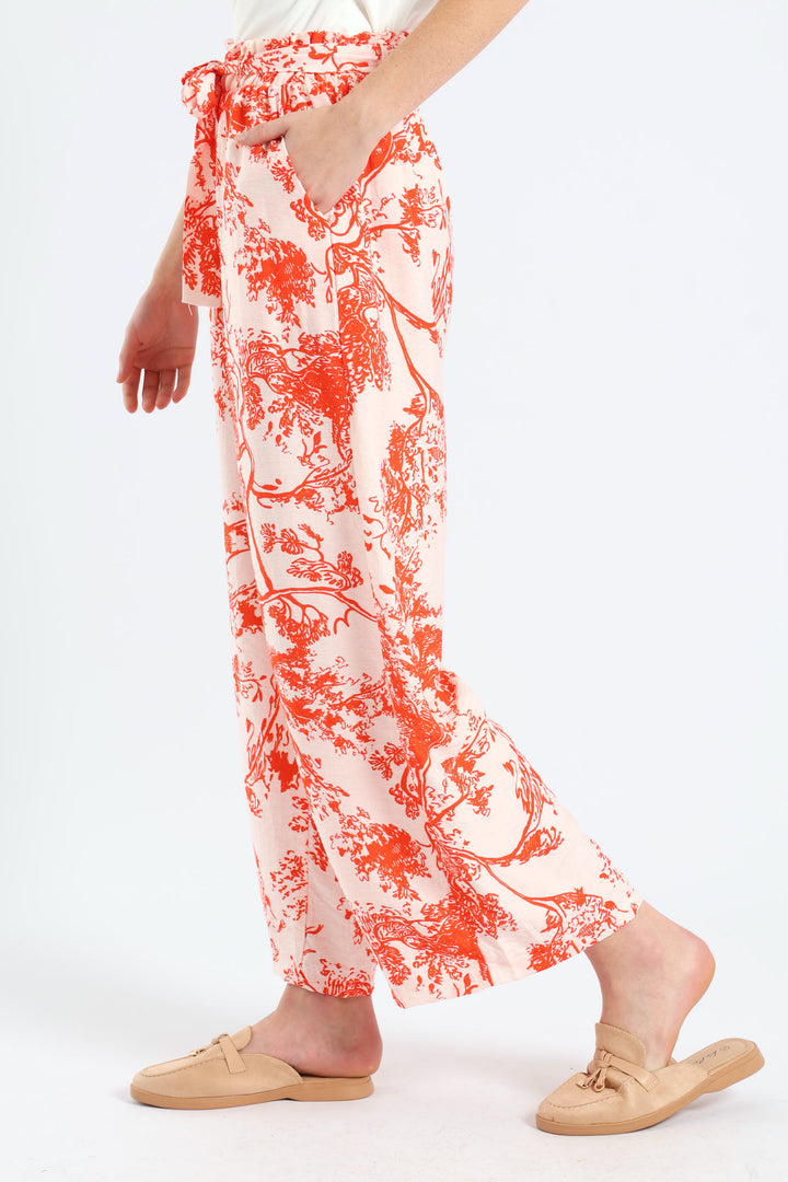 Self Belt Pull On Linen Culotte Pants - White/Orange