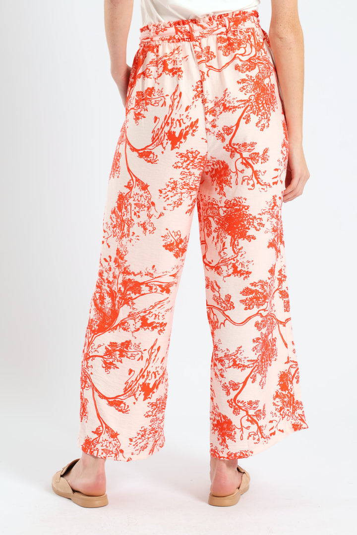 Self Belt Pull On Linen Culotte Pants - White/Orange