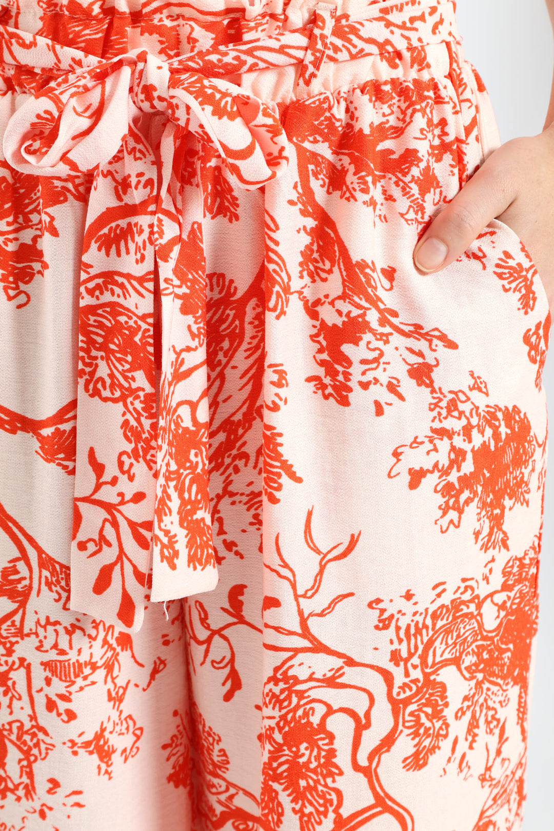 Self Belt Pull On Linen Culotte Pants - White/Orange