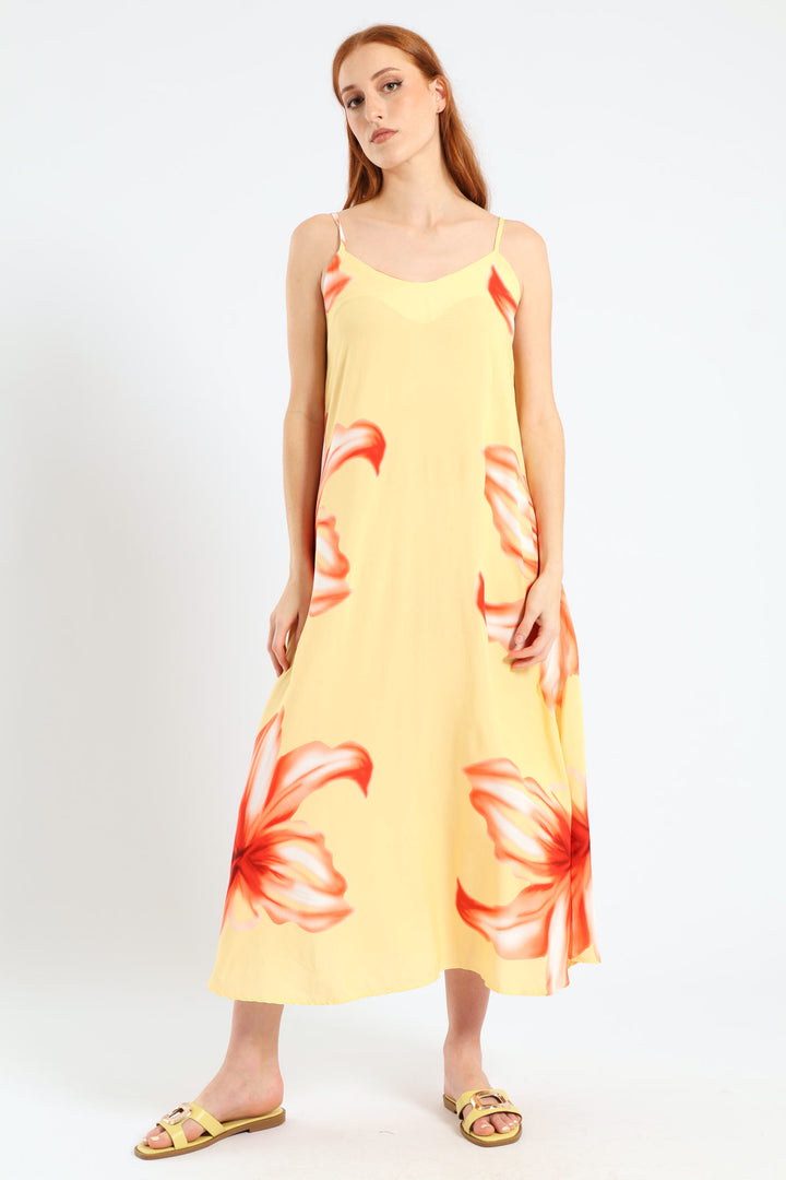 Strappy A-Line Hyper Floral Slip Midi Dress - Light Yellow