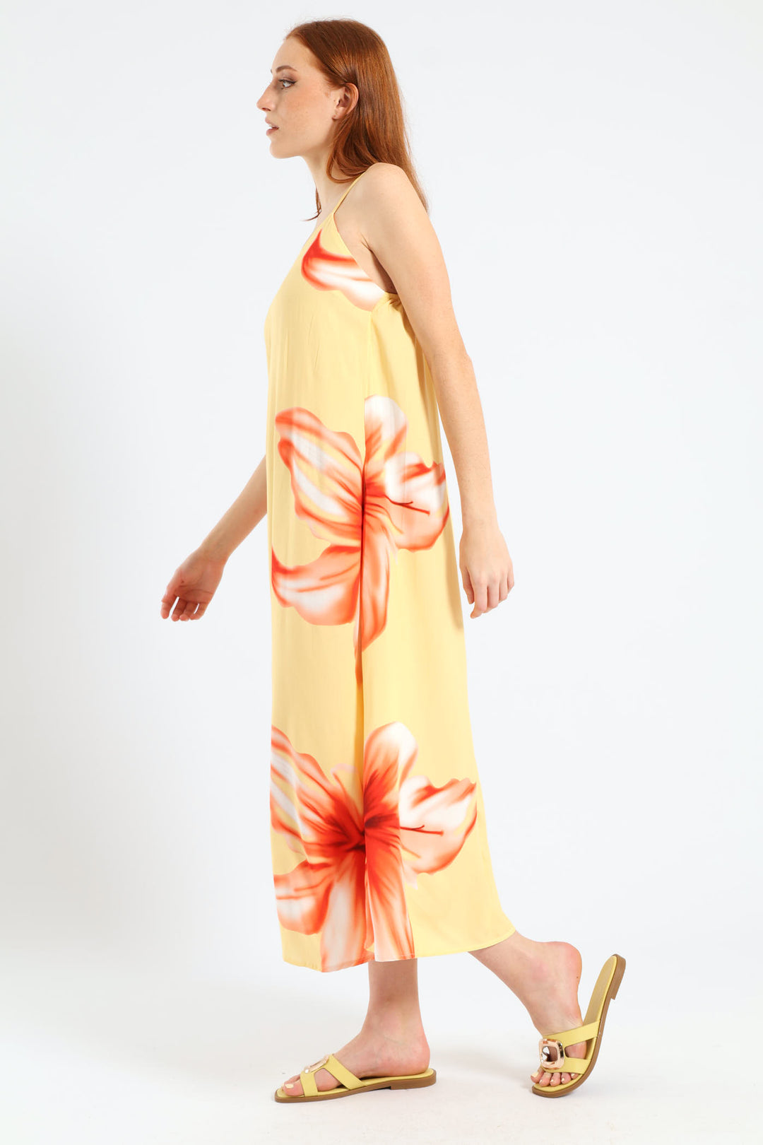 Strappy A-Line Hyper Floral Slip Midi Dress - Light Yellow