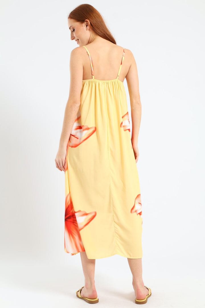 Strappy A-Line Hyper Floral Slip Midi Dress - Light Yellow