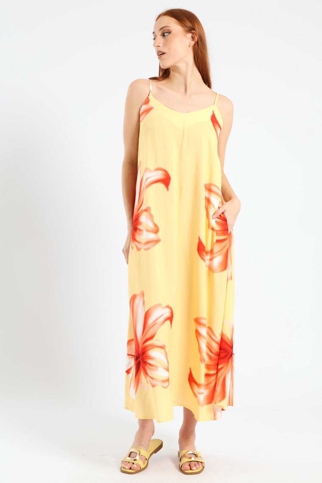 Strappy A-Line Hyper Floral Slip Midi Dress - Light Yellow