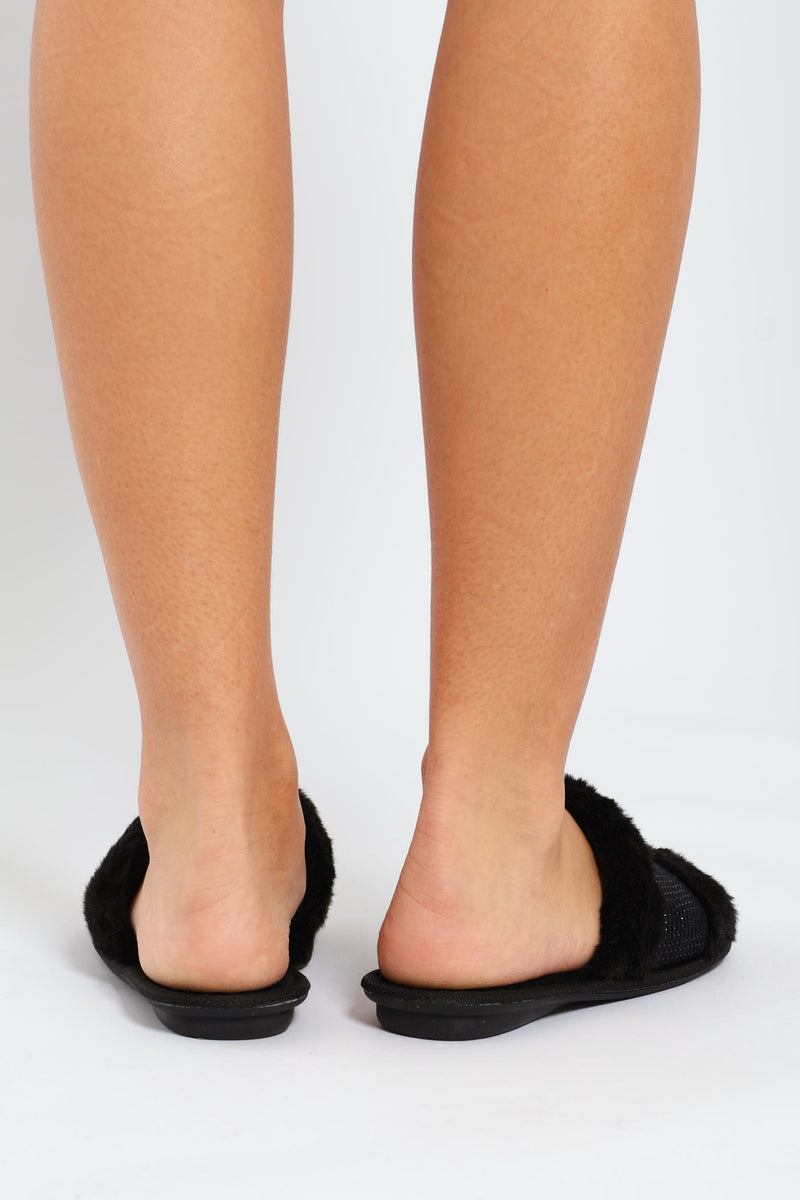 Fur & Diamante Upper On Outsole - Black