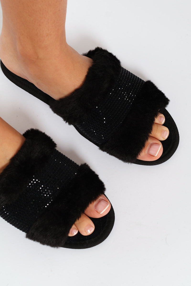 Fur & Diamante Upper On Outsole - Black