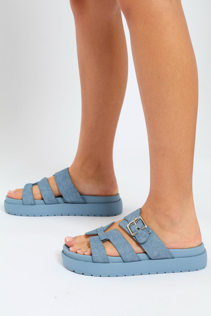 Flatform Buckle Detail H-Mule Sandal - Denim