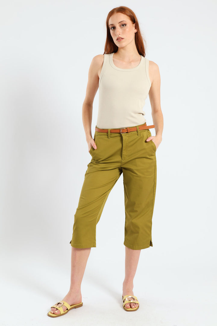 Belted Sateen Chino Capri Shorts - Chartreuse