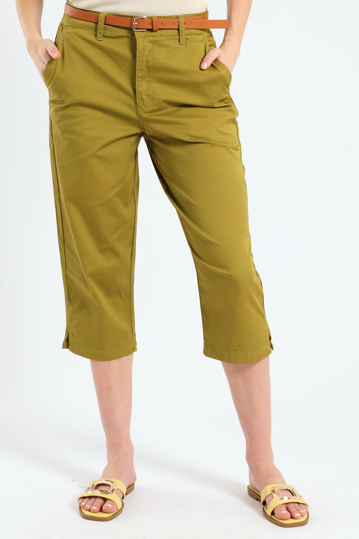 Belted Sateen Chino Capri Shorts - Chartreuse