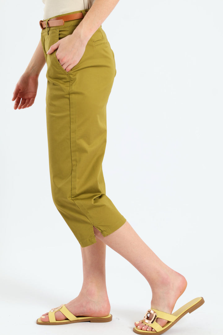 Belted Sateen Chino Capri Shorts - Chartreuse