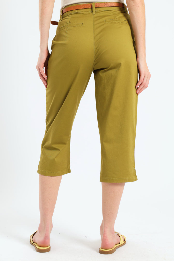 Belted Sateen Chino Capri Shorts - Chartreuse