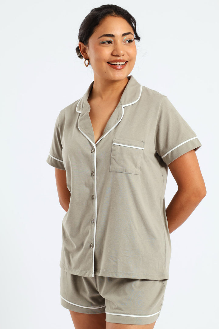 Button Through Knit Short Set With Scrunchie - Fatigue