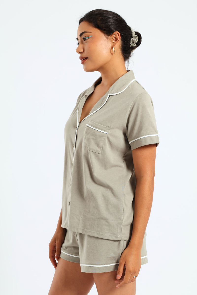 Button Through Knit Short Set With Scrunchie - Fatigue