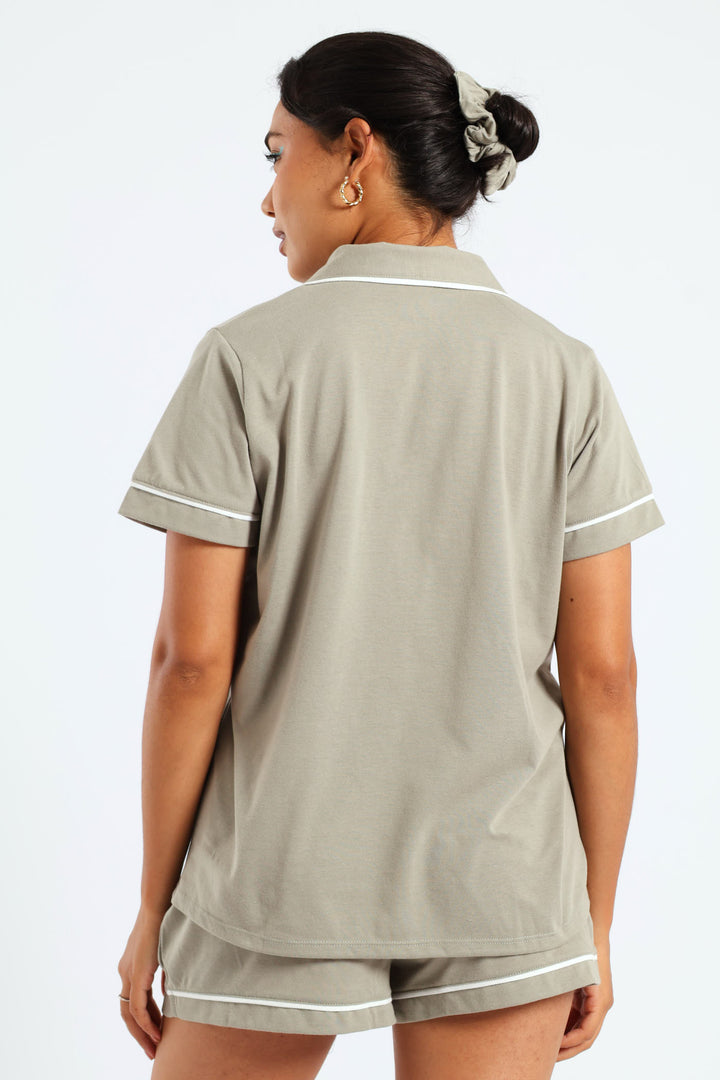 Button Through Knit Short Set With Scrunchie - Fatigue