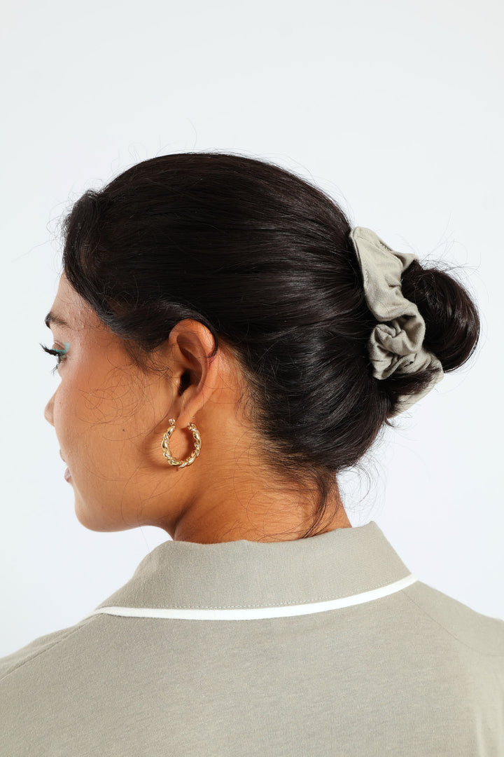 Button Through Knit Short Set With Scrunchie - Fatigue