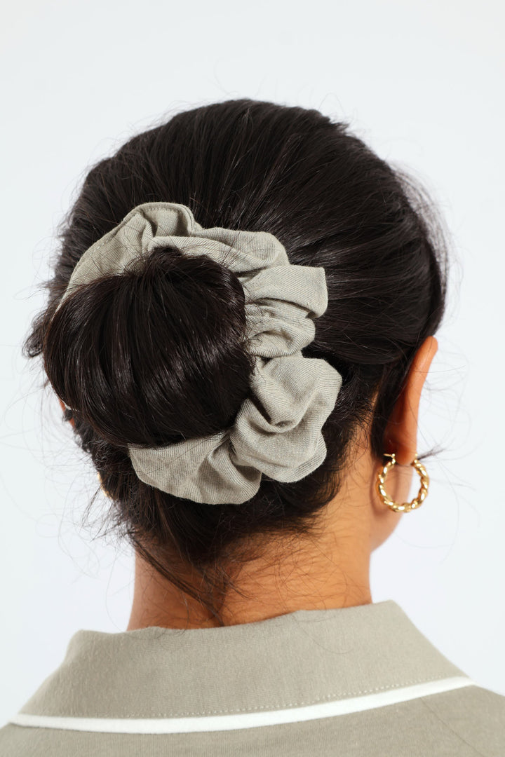 Button Through Knit Short Set With Scrunchie - Fatigue