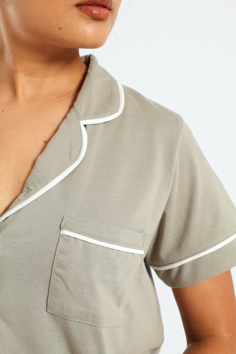 Button Through Knit Short Set With Scrunchie - Fatigue