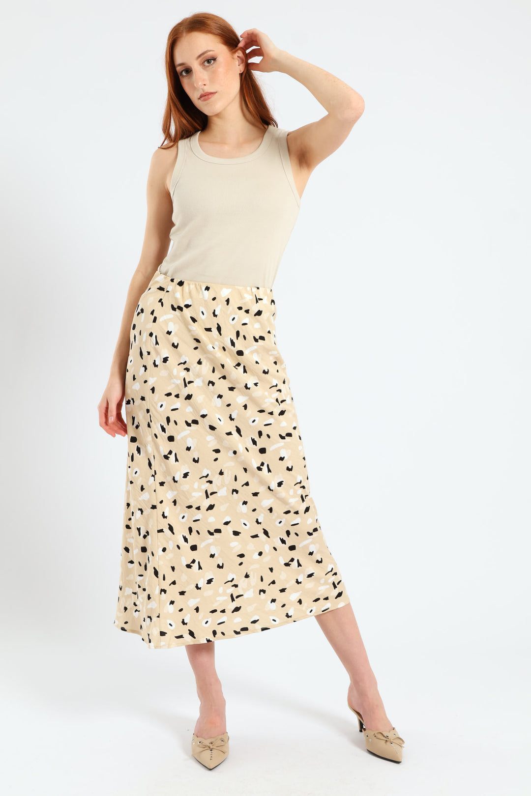 Pull On Bias Cut Midi Skirt - Stone