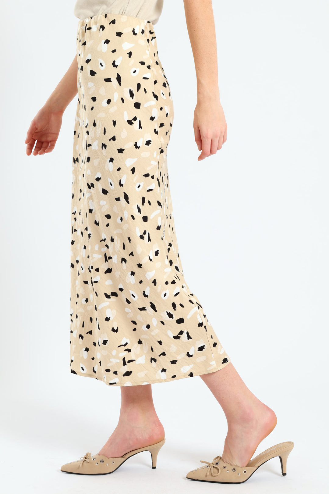 Pull On Bias Cut Midi Skirt - Stone