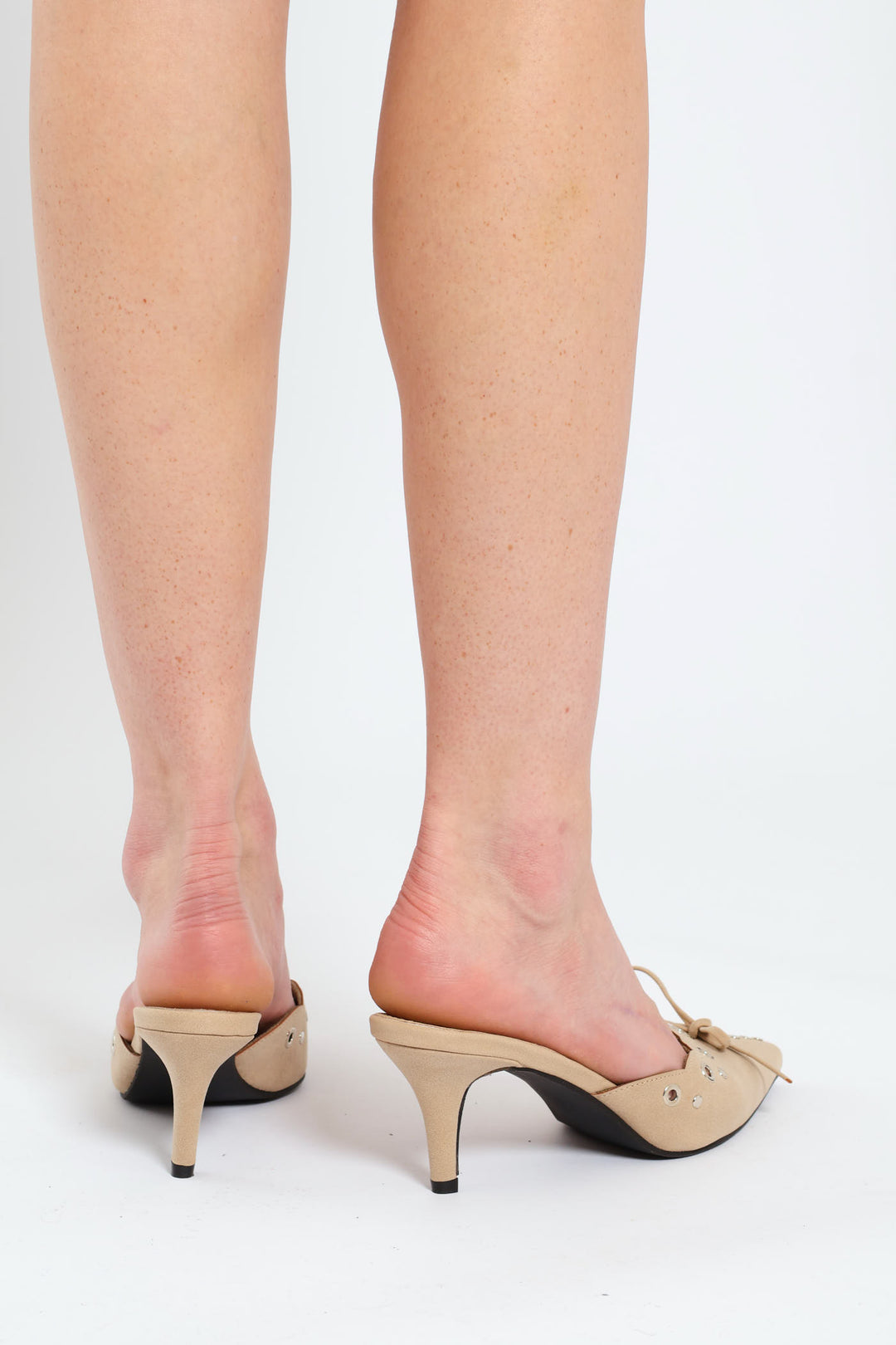 Punch Hole With Bow Slip On Kitten Heel - Beige