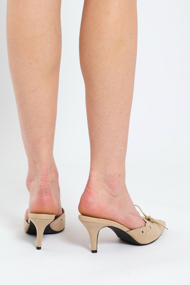Punch Hole With Bow Slip On Kitten Heel - Beige