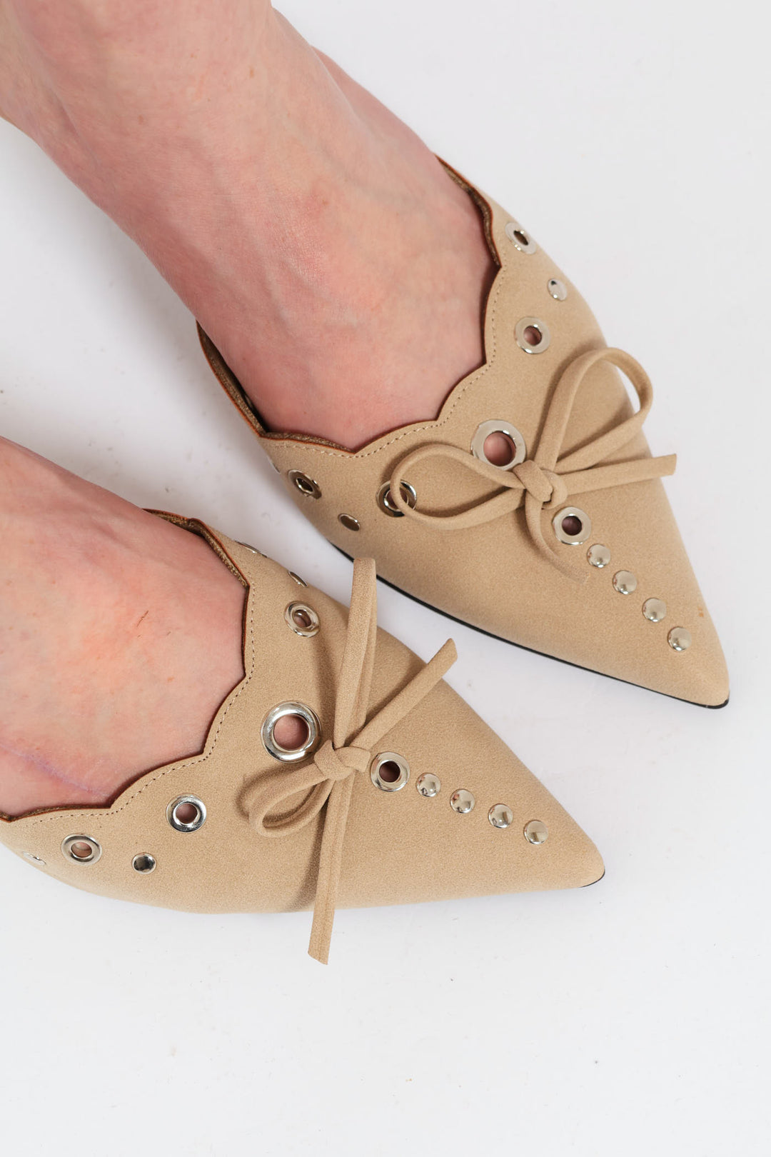 Punch Hole With Bow Slip On Kitten Heel - Beige