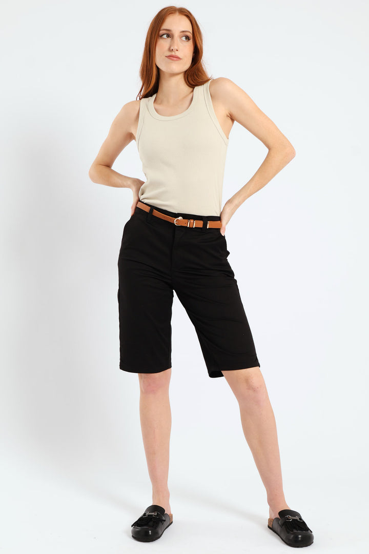 Belted Sateen Bermuda Chino Shorts - Black