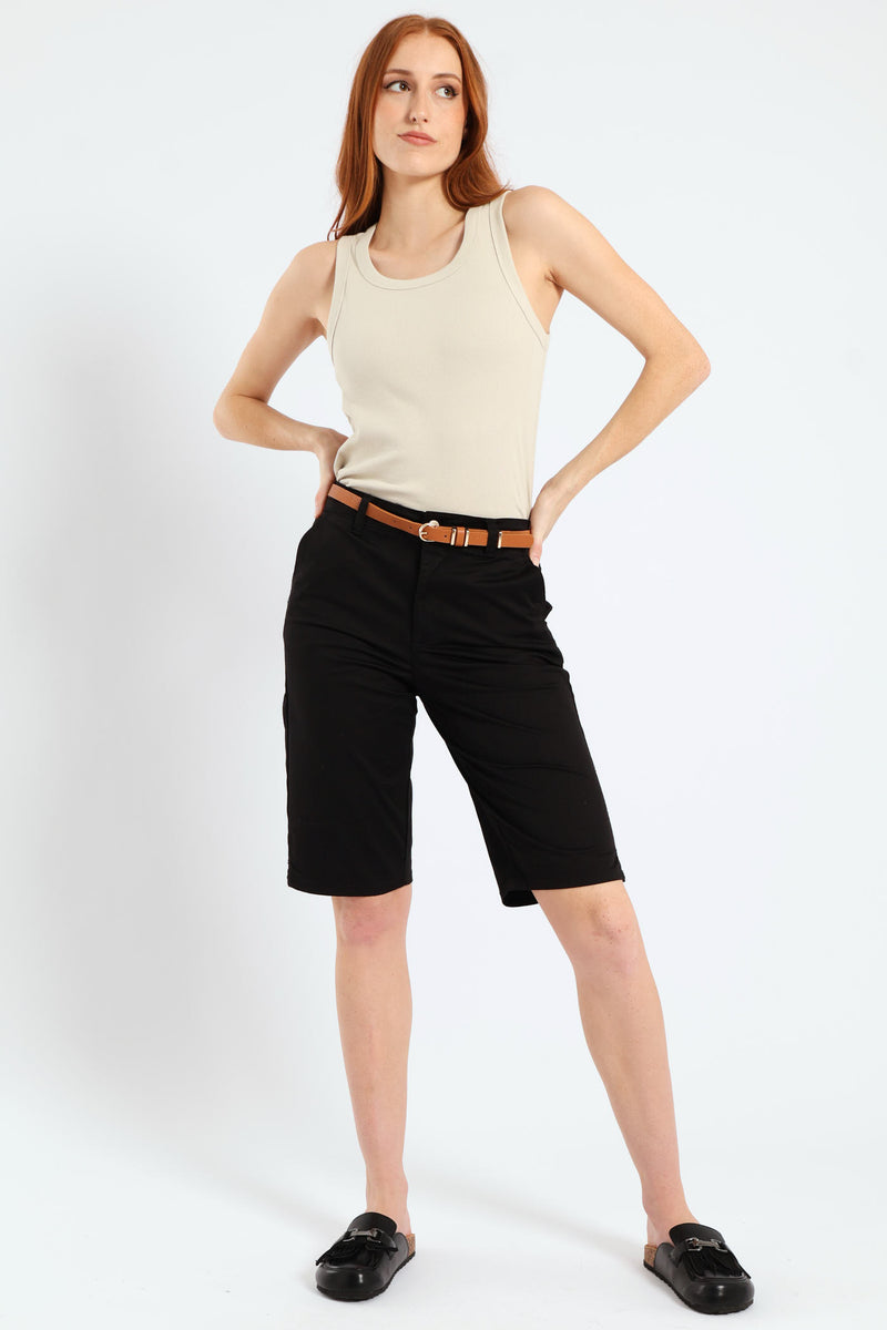 Belted Sateen Bermuda Chino Shorts - Black
