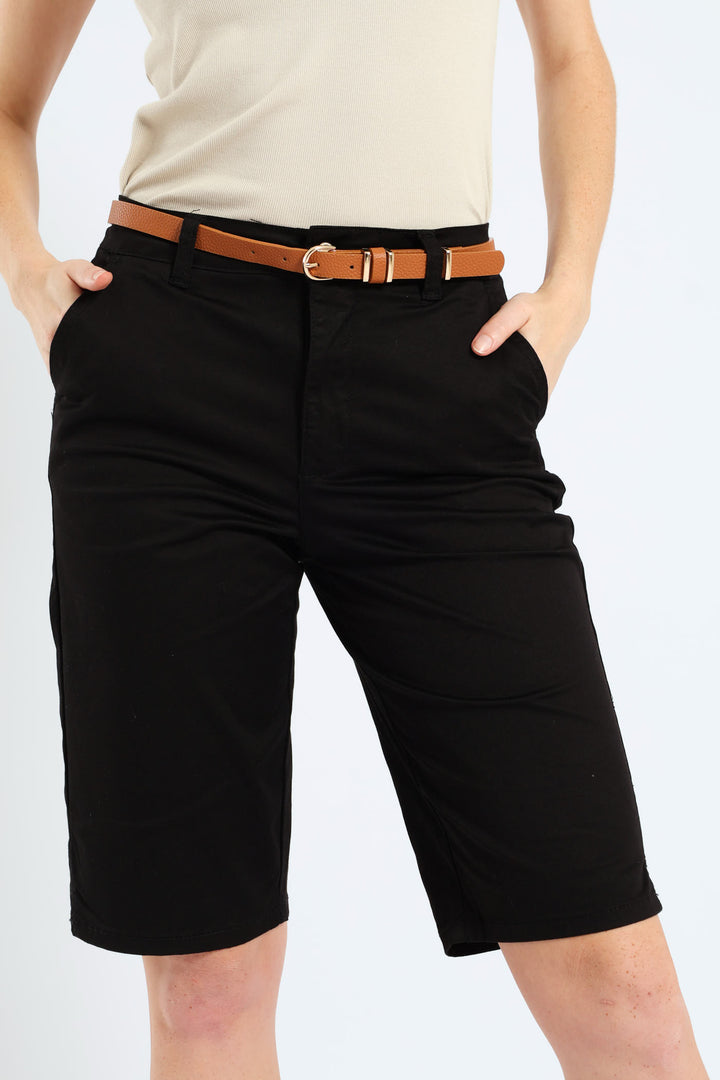 Belted Sateen Bermuda Chino Shorts - Black