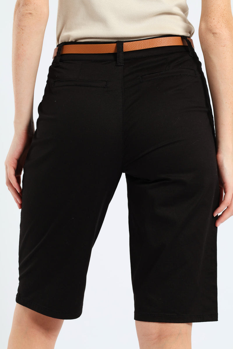 Belted Sateen Bermuda Chino Shorts - Black