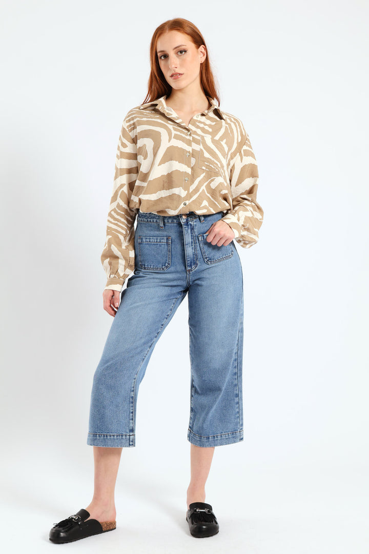 Relaxed Gauged Cuff Zebra Shirt - White/Beige