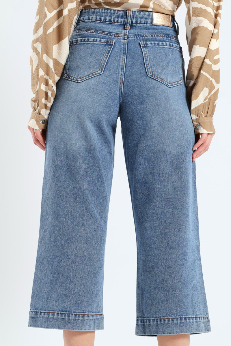 Wide Hem Cropped Wide Leg Denim - Mid Wash
