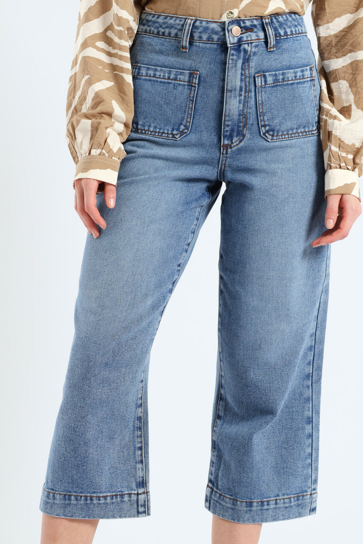 Wide Hem Cropped Wide Leg Denim - Mid Wash