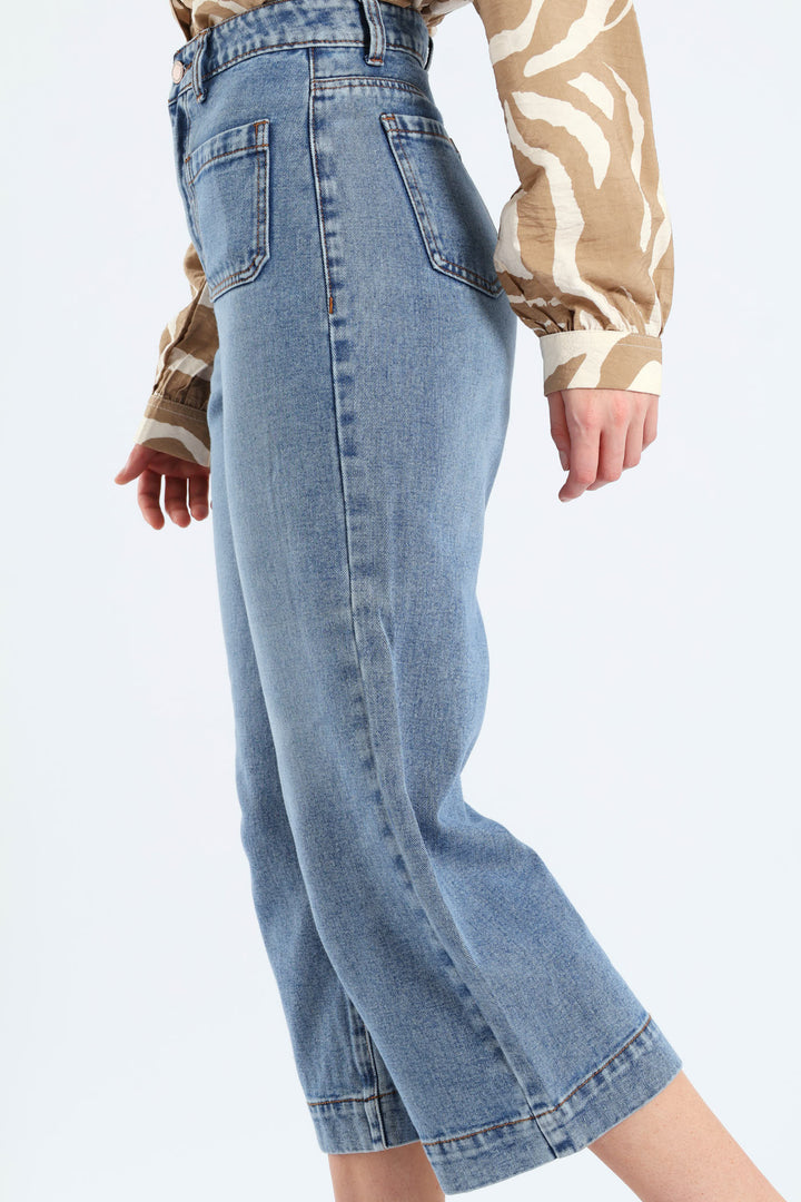 Wide Hem Cropped Wide Leg Denim - Mid Wash