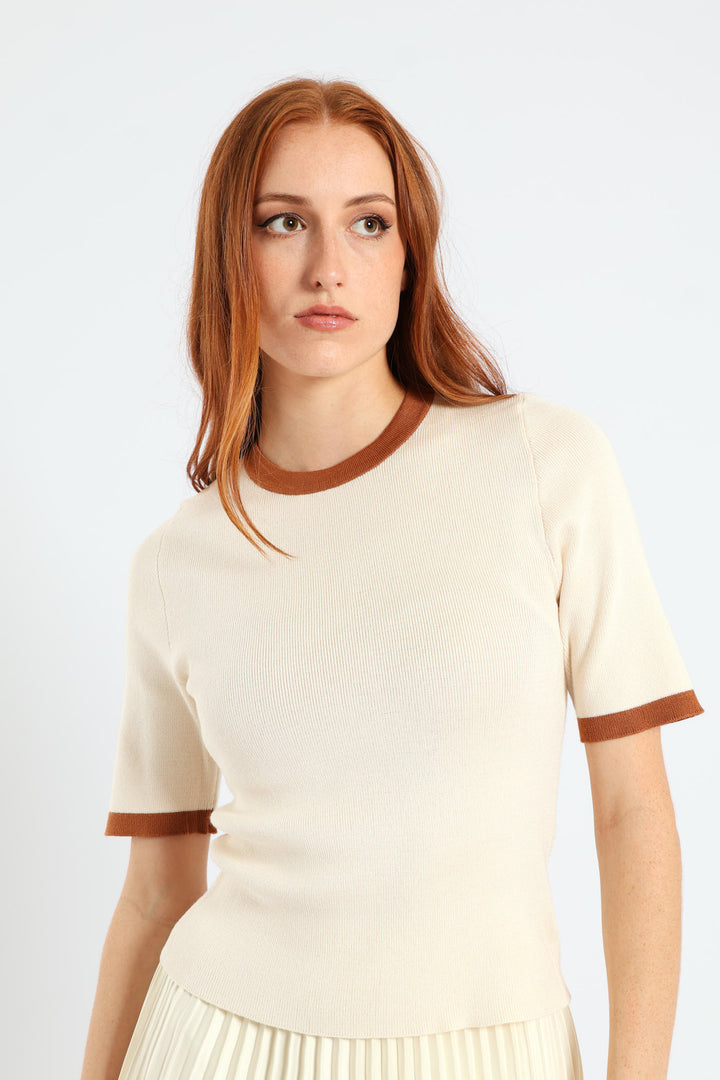 Short Sleeve Tipped Pullover - Brown