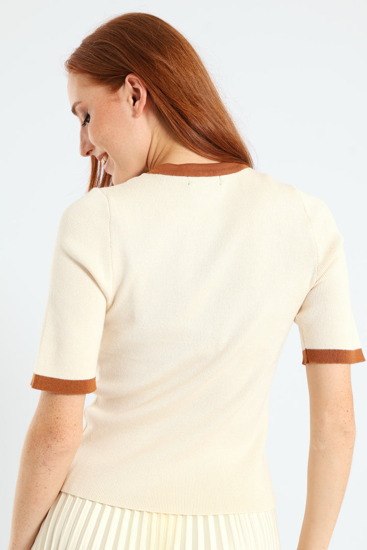 Short Sleeve Tipped Pullover - Brown