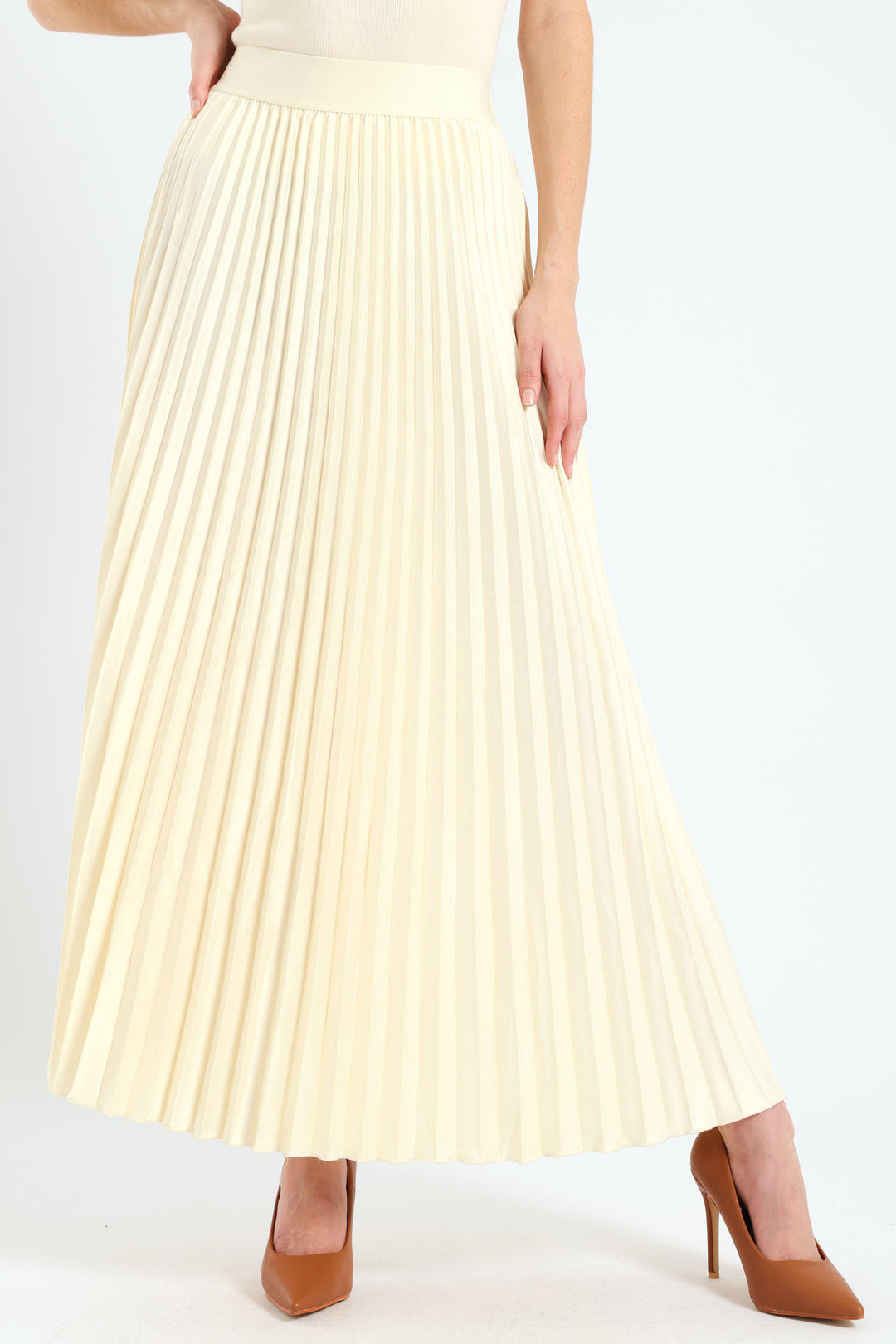 Pleated Satin Maxi Skirt Cream