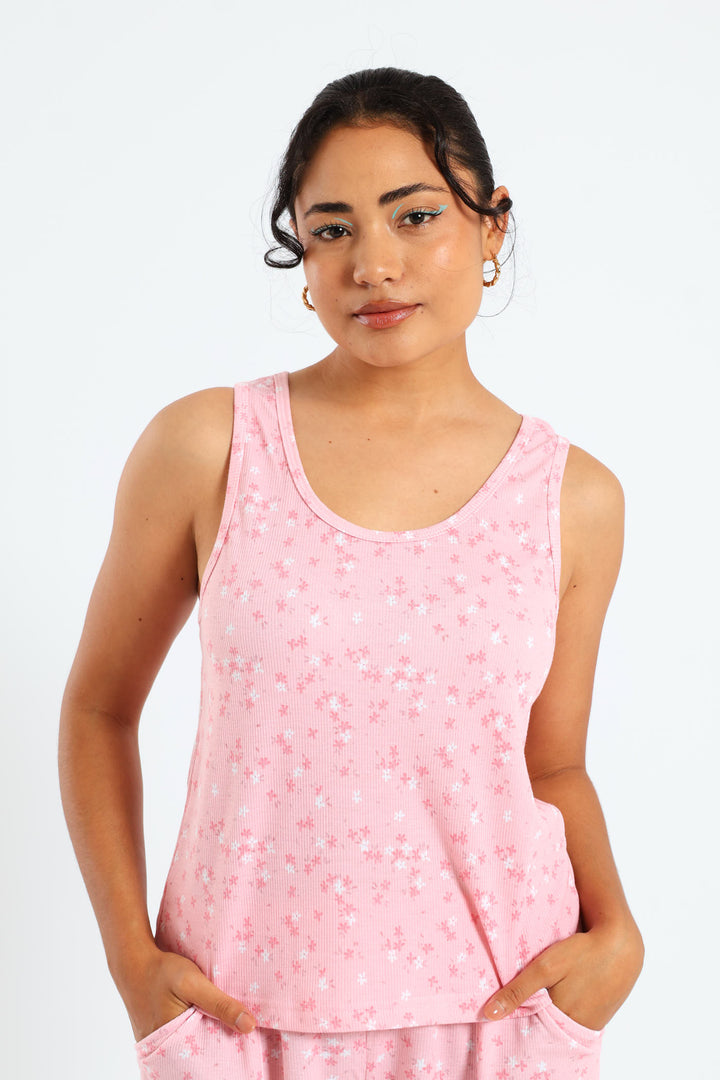 Rib Knit Ditsy Tank Top - Pink
