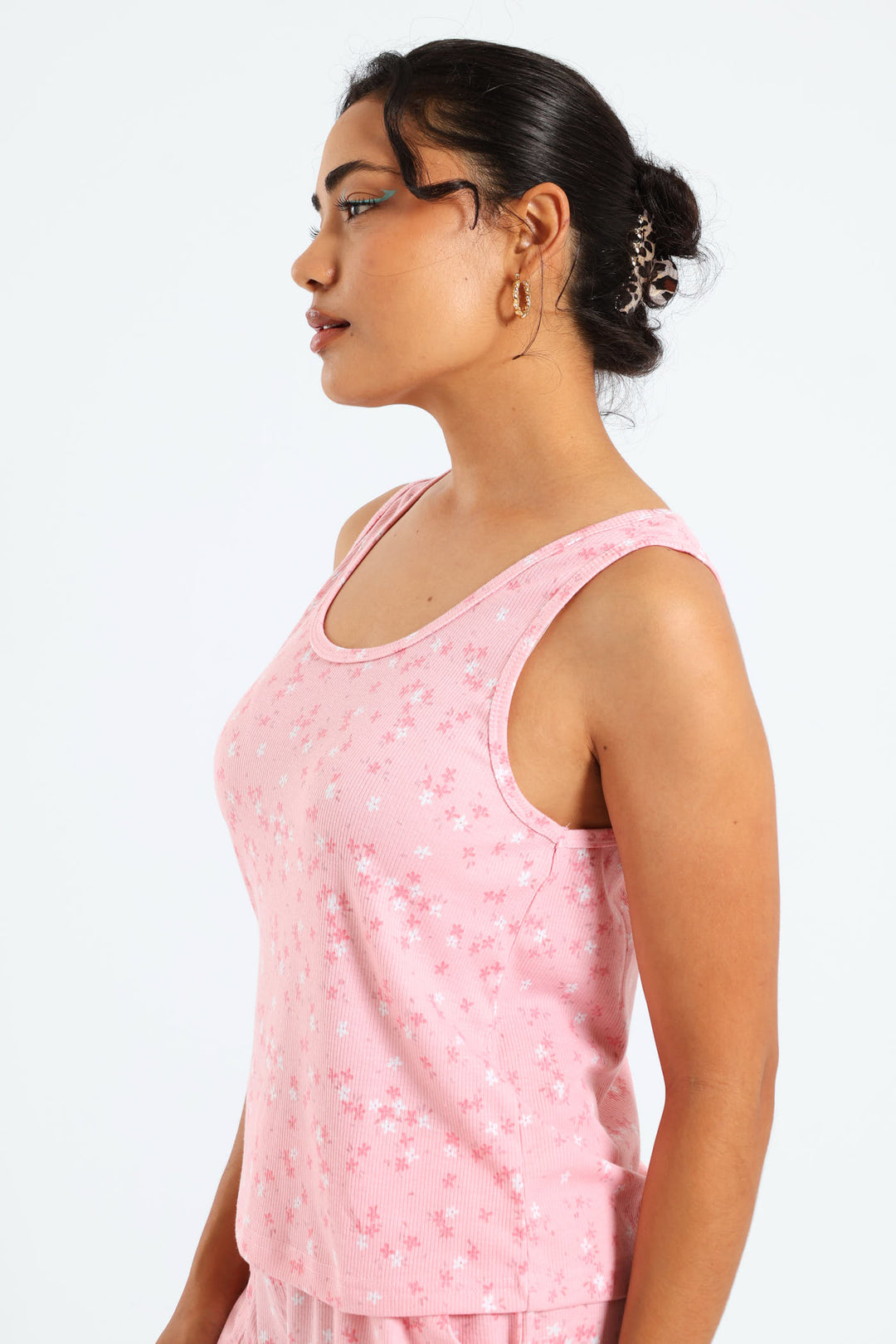 Rib Knit Ditsy Tank Top - Pink