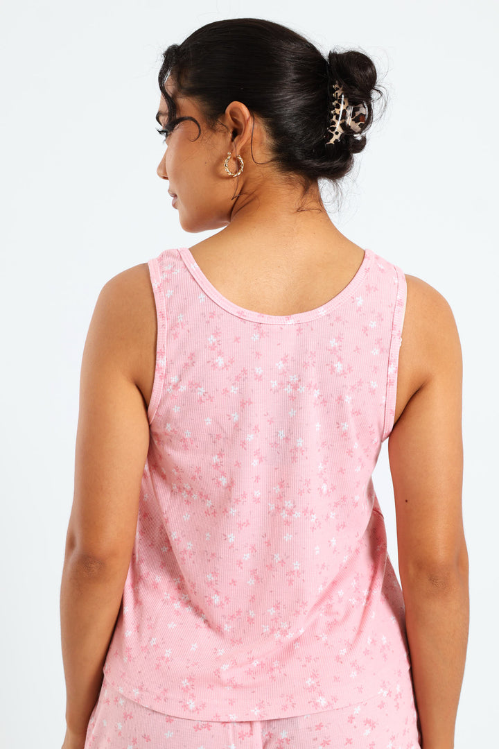 Rib Knit Ditsy Tank Top - Pink