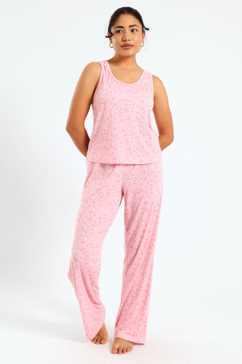 Rib Knit Ditsy Straight Leg Pant - Pink