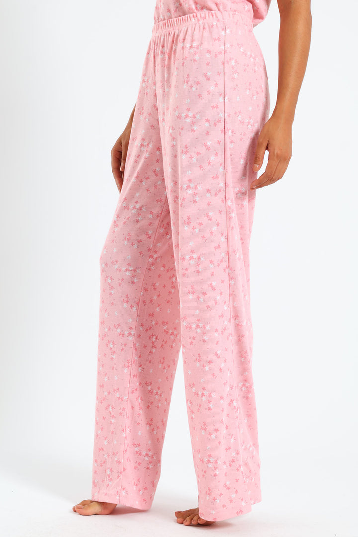 Rib Knit Ditsy Straight Leg Pant - Pink