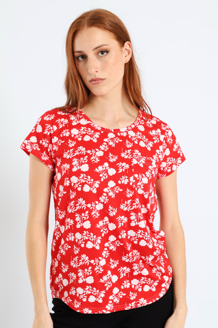 Two Tone Floral Pocket Tee - White/Red