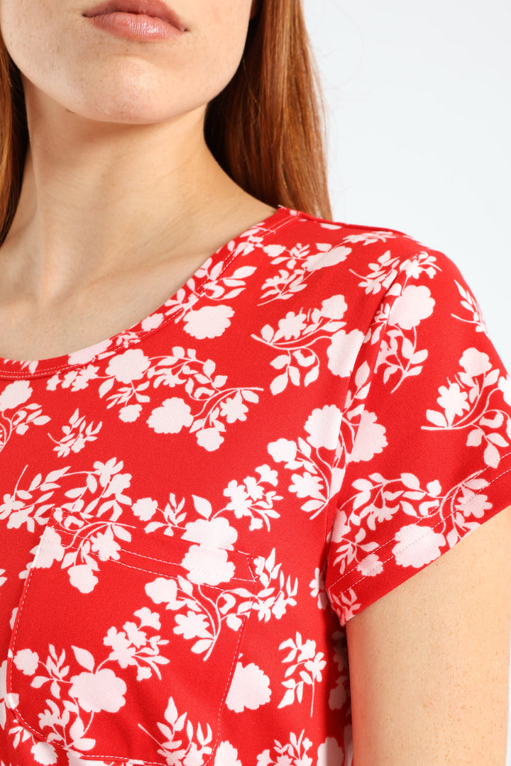 Two Tone Floral Pocket Tee - White/Red