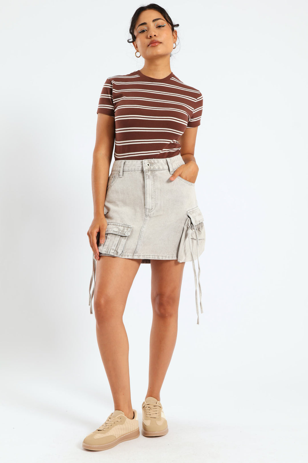 Utility String Denim Mini Skirt - Grey