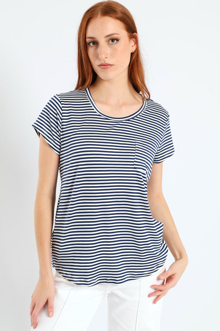 Skinny Stripe Pocket Tee - Navy/White